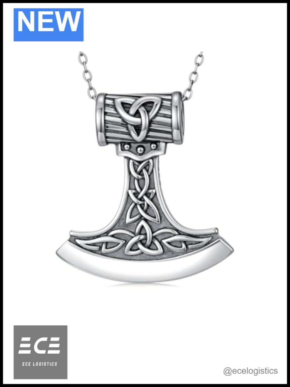 S925 Sterling Silver Celtic Warrior Axe Pendant Necklace 18k White Gold Plated